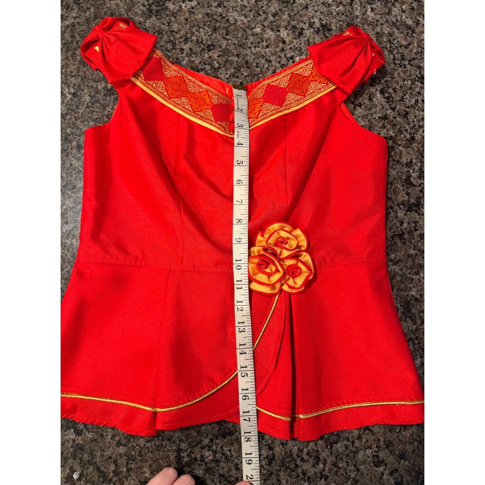 Vintage Red Gold Embroidered Peplum Top Off Shoulder Bows Floral Accent Sz 36 - Picture 5 of 6